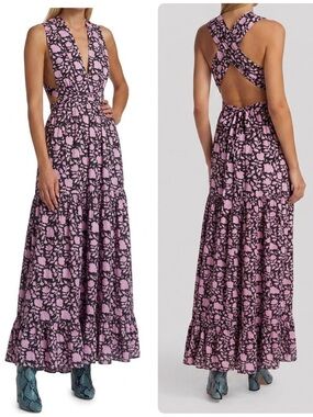 HANNAH ARTWEAR Chloe Floral Cross-back Maxi Dress Pink Floral V-Neck (107)